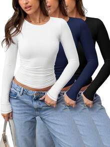 3 Pack Womens Crop Workout Tops Women Pack Summer Gym Athletic Compression Undershirts Cute Tight Basic Tops Tee - 藏藍色+黑色+白色 - 查看 1