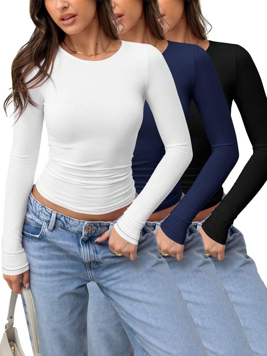 3 Pack Womens Crop Workout Tops Women Pack Summer Gym Athletic Compression Undershirts Cute Tight Basic Tops Tee - 藏藍色+黑色+白色 - 查看 1