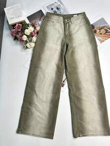Roupas femininas de outono, jeans verde retrô americano, novo, cintura média, reto, solto, perna larga, calça casual de rua - Verde de Exercício - Ver 6
