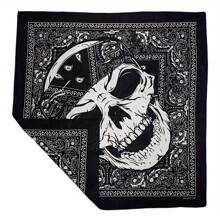 1pc Solid Color Bandana - Skull & Vintage Paisley Print Square Scarf, Black & White, Machine Washable, Unisex Motorcycle Riding Outdoor Fashion Accessory, Motorcycle Gear, Avant-Garde Fashion Piece, Exquisite Pattern Design, Halloween Skull Print Bandana Skull Paisley Pattern Polyester