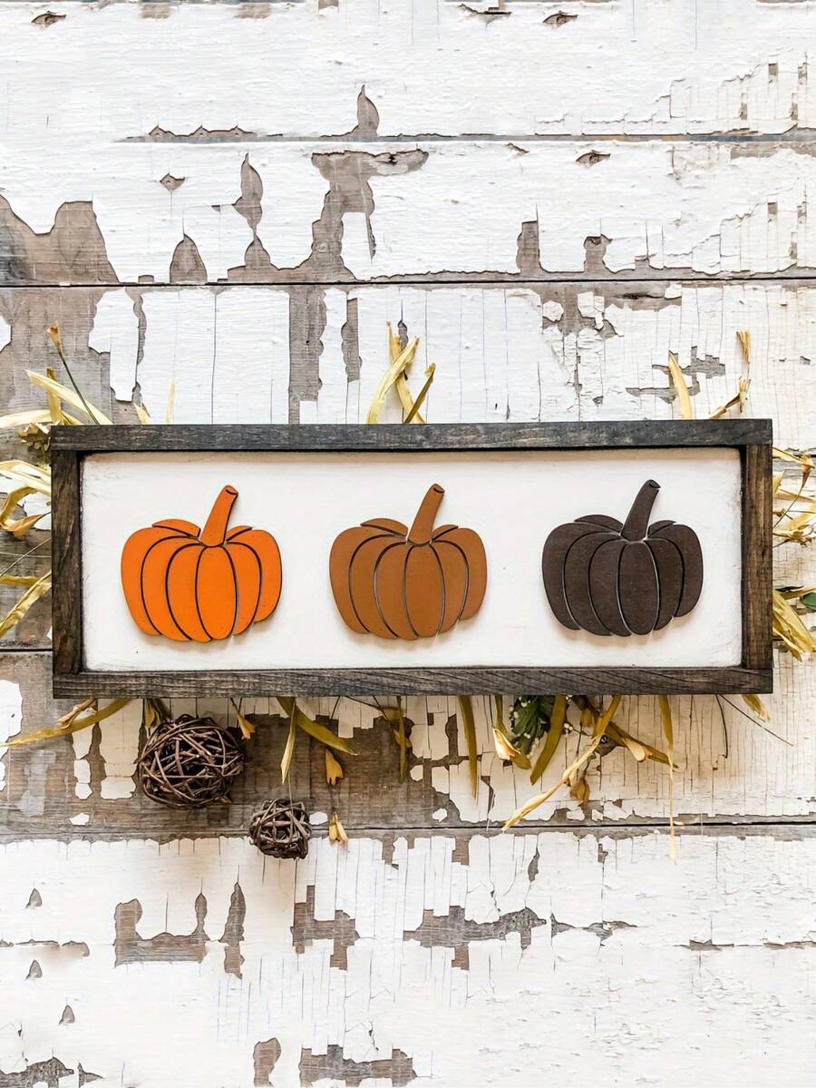 1 pieza Logotipo de calabaza de otoño de Halloween, estantería de madera con calabaza, decoración de cosecha - Decoración del hogar rural - Mural de gracia estacional para Halloween, cosecha y Navidad - Decoración de otoño para el hogar - Multicolor - Ver 1