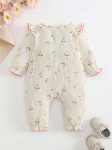 MommBaby MommBaby Baby Girls' Ruffled Floral Long Sleeve Jumpsuit, Cute For Spring & Autumn