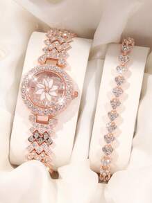 6PCS Ladies' Fashionable And Elegant Quartz Watch Set, High Luxury Full Diamond Round Roman Literal Watch, Paired With Diamond Studded Bracelet Jewelry Set, Suitable For Business, Daily And Party Wear, The Best Gift Set For Ladies.