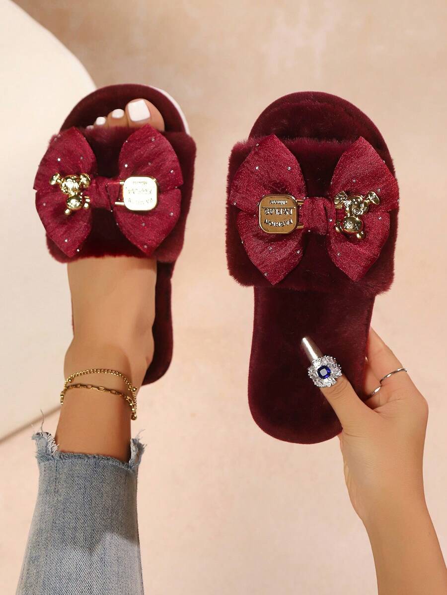 shensongni 女士蝴蝶结泰迪熊装饰毛绒拖鞋，室内拖鞋，家居拖鞋，卧室拖鞋，露趾拖鞋，四季皆宜拖鞋，公寓拖鞋，时尚性感度假风缎面平底凉鞋，酒红色