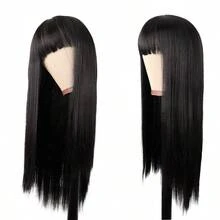 M24 Inch 60 Cm Women Long Straight With Flat Bangs Synthetic Hair Heat Resistant Fiber Hair For Party Cosplay Wig Black 8001 - màu đen - Xem 5