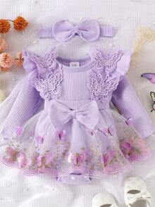 Baby Girls' Elegant Winter Romper Set: Lace Butterfly Bow, Pure Dress For Holiday Photos - Màu tím - Xem 1