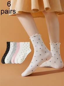 6 أزواج (توصيل عشوائي) بولكا دوت، جوارب كاحل نسائية مزينة بتطريز مكشكش، تناسب مريح، ضروري للربيع والصيف والتنقل اليومي في الخريف