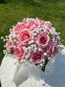 1朵新娘婚禮花束，象牙白新娘花束，人造花婚禮花束，帶絲帶伴娘花束，情人節，裝飾珍珠蕾絲網玫瑰花束