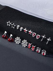 9 Paar Gothic Stil Spitzen Anhänger Set mit Kreuz, Herz, Stern, Spinne, Totenkopf Motiven, vielseitig einsetzbare Party Socken