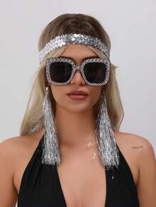 3pcs Disco Glitter Party Outfit Set: Sequin Headband + Rhinestone Sunglasses + Tassel Clip-On Earrings, Suitable For Cosplay, Halloween Party, And Daily Gatherings