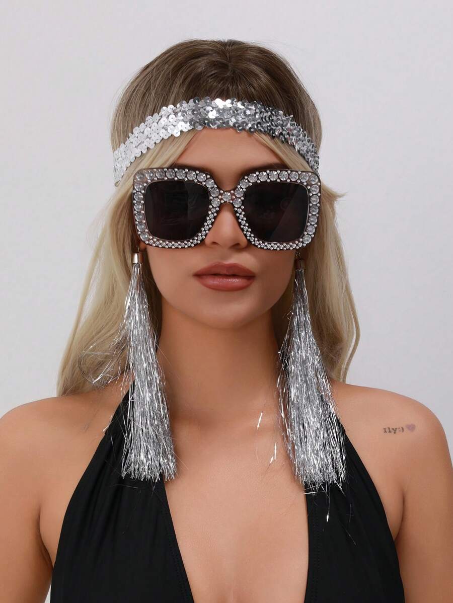 3pcs Disco Glitter Party Outfit Set: Sequin Headband + Rhinestone Sunglasses + Tassel Clip-On Earrings, Suitable For Cosplay, Halloween Party, And Daily Gatherings
