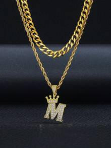 2pcs Set: Fashionable Crown & Letter Pendant Twist Rope Chain And Cuban Chain Multi-Layer Necklace, Suitable For Children Boys Girls Street Party Accessories, Daily Wear - Gold - View 2