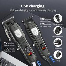 2 piezas/set HIENA Profesional inalámbrico para cabello Clipper, LED, Charging USB, C portátil para el cabello, Set de tijeras de regalo, el mejor regalo para él - Negro - Ver 4