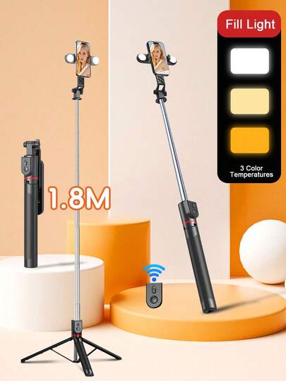 1.8米蓝牙遥控自拍杆，带三脚架、LED三色补光灯、可伸缩、360°旋转、防抖、可折叠便携，兼容 16/15/14/13/12/11/XS/XR/X/Plus，高端热门礼品，送给爱人、家人和朋友的理想之选