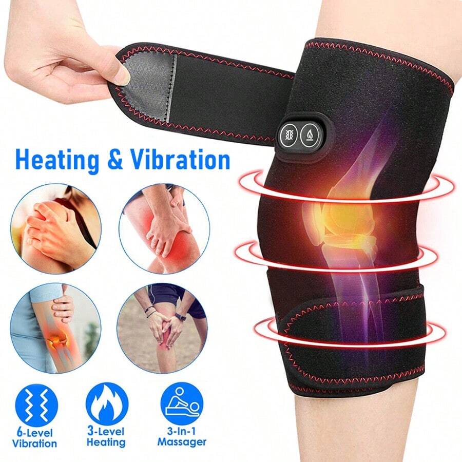 Heated Knee Brace Wrap, 3 Adjustable Heat And 6 Vibration Massager For Arthritis Knee Pain Relief Massaging Knee Pad - 黑色 - 查看 1