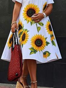Summer Fall Curvy Dresses For Women 2025 New Sunflower Print Plus Size Loose V-Neck Short Sleeves Pleated Applique Midi Dress Vacation Outfits Woman - 白色 - 查看 3