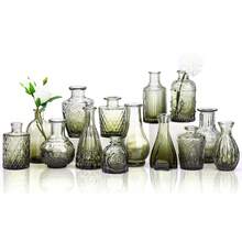Tomnk 14pcs Small Vase Glass Flower Bottle Bulk, Gradient Green Relief Vase For Central Decoration, Mini Retro Glass Vase For Wedding Home Dining Party Decoration, For Birthday Weeding Party Home Decorations - Green - View 9