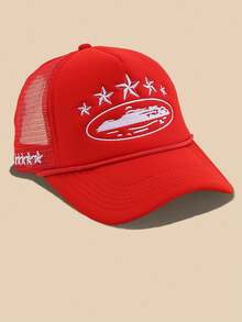 1顶刺绣五角星棒球网帽，可调节户外防晒休闲帽，适合春秋季旅行、海滩，男女皆宜，Y2K风格，（运输过程中可能略有变形，不影响使用）