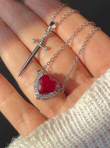 2pcs/Set Elegant Luxury Red Heart & Sword Couple Necklace, Stainless Steel Chain With Sparkling Cubic Zirconia Pendant, Suitable As Gift For Women & Men