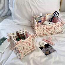 Cute Pink & Blue 3D Lace Satin Storage Basket, Desktop Organizer Basket For Small Items, Lipstick, Makeup Brushes, Skincare Products, Desktop Decor - Multicolor - View 17