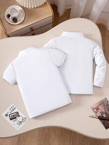 Bộ 2 áo thun polo tay ngắn màu trắng phong cách đại học cổ điển cho bé trai + áo thun polo tay dài màu trắng, thích hợp mặc đi học, tụ tập, biểu diễn và các hoạt động nhóm khác - trắng - Xem 2
