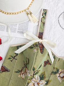 Plus Size Vintage Green Floral Corset | Butterfly Print Bow Straps Slim Fit Top - Green - View 10