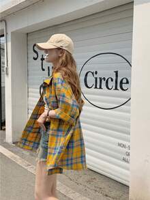 复古美式小众设计女式短袖格子衬衫，轻盈夏季防晒夹克，宽松百搭小码衬衫 - 黃色 - 查看 4