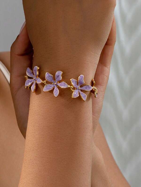 1pc Elegant Enamel Flower Vintage Style Bracelet, High-End Jewelry For Women, Suitable For Daily Wear