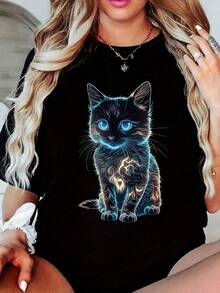 Camiseta de Talla con Estampado de Gato, Camiseta Casual de Cuello Redondo y Manga Corta, Ropa de Talla para Mujeres - Negro - Ver 6