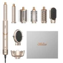 UKLISS 8 合 1 自动卷发造型器和吹风机 - 3 种加热设置，3 个附件（直发器、卷发器、扩散器），适用于干/湿发，防毛躁，快速干燥，丰盈，欧盟插头，白金和玫瑰金，发型设计工具，现代美学，耐用结构 - 美規A型插(110-127V) - 查看 13