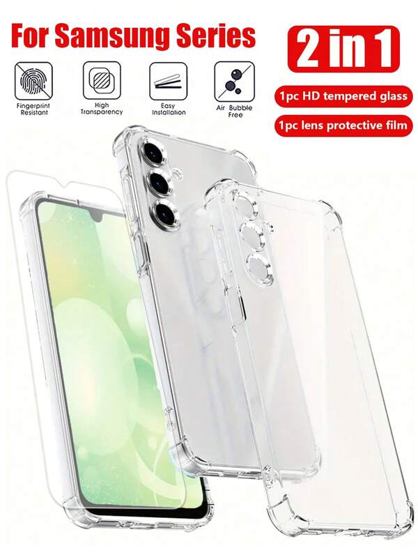 2 en 1 [1 pieza Funda de silicona transparente para teléfono + 1 pieza Protector de pantalla de vidrio templado HD] Compatible con Samsung Galaxy A55 A56 A36 A15 A55 A54 A14 A34 A35 A52 Funda protectora de silicona compatible con Samsung, Funda a prueba de golpes, Accesorios para teléfonos móviles para proteger tu pantalla Protección de pantalla esencial, Aplicable a protección diaria, Oficina, Hogar Protector de pantalla a prueba de agua, a prueba de caídas, resistente a arañazos, antihuellas dactilares, cobertura completa