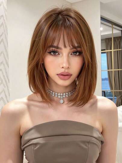 女士自然逼真假发，12 英寸勃艮第酒红色短直发，带刘海，耐热合成假发，适合日常佩戴、派对、舞会和角色扮演