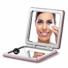 QY Compact Mirror Glitter PU 1X 3X Magnification Ultra Portable For Purses Pink  1613 - 粉色 - 查看 1