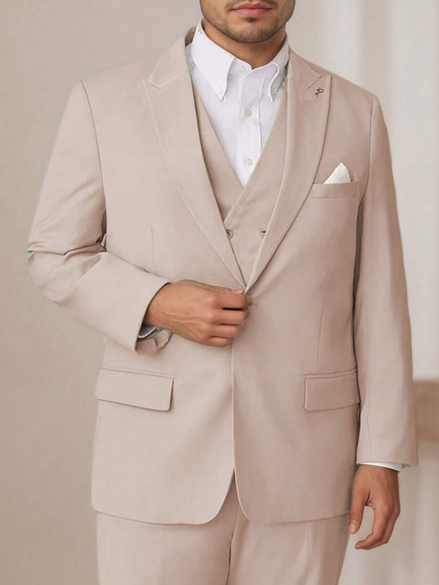 3PCS Plus Size Mens Suit Formal Business Wedding Prom Suit Male Groom Tuxedo, Solid Color, Blazer+Vest+Pant, Modern Fit Wedding Party Dinner Formal, Long Sleeves, Double Breasted, Machine Washable, Spring/Fall - Màu be - Xem 1