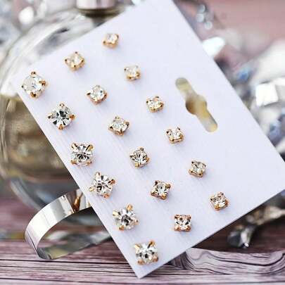 18pcs Simple & Versatile Sparkly Rhinestone Stud Earrings Set For Women, Suitable For Daily Wear