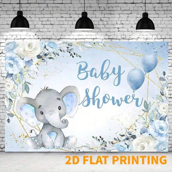 1 pieza Decoración de ducha con tema de elefante en 2D, diseño floral azul para fondo de fiesta de ducha, fondo para mesa de pastel, fondo para fotografía de retrato