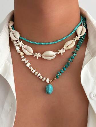 3pcs Fashionable Minimalist Turquoise, Shell, Starfish Beaded Necklace Set, Suitable For Men's Daily Wear