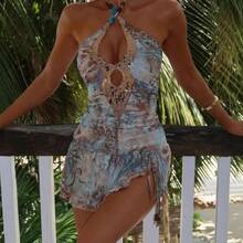 V-Neck Sexy Hot Girl Sleeveless Halter Neck Backless Sequined Stitching Dress - 花色 - 查看 3