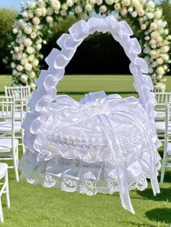 1pc Handmade Romantic Heart-Shaped Flower Basket Ring Box, White Bride Bridesmaid Rose Flower Basket Holder, Wedding Ring Storage Box, Wedding Decor (Rings Not Included), Valentine's Day, Christmas, Mother's Day Gift