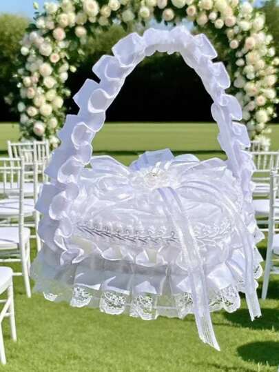 1pc Handmade Romantic Heart-Shaped Flower Basket Ring Box, White Bride Bridesmaid Rose Flower Basket Holder, Wedding Ring Storage Box, Wedding Decor (Rings Not Included), Valentine's Day, Christmas, Mother's Day Gift