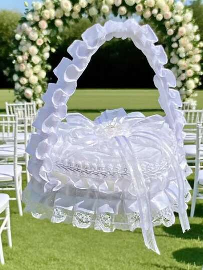 1 件手工制作的浪漫心形花篮戒指盒，白色新娘伴娘玫瑰花篮架，结婚戒指收纳盒，婚礼装饰（不含戒指），情人节、圣诞节、母亲节礼物