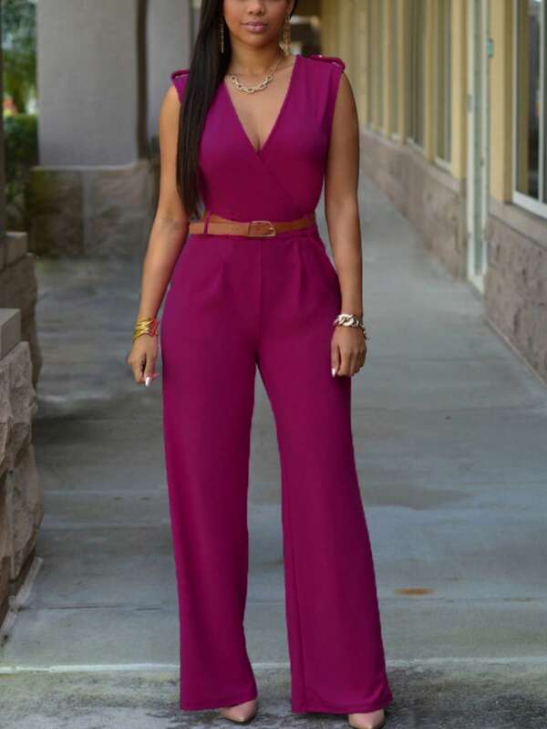 Women High Waist V-Neck Wide Leg Jumpsuit With Asymmetrical Design And Belt