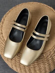 MonaNise 女士3厘米布面包跟黑色时尚百搭玛丽珍低跟粗跟优雅平底鞋，另有藏蓝色、咖啡色、酒红色可选 - 金色 - 查看 4