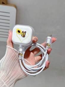 3 件套数据线充电器保护壳，TPU 软壳，带 UC 彩色蝴蝶、向日葵、心形图案，适合返校使用，英国插头 20W 快速充电器兼容 Apple 设备 Nan 数据线保护器充电器配件手机配件