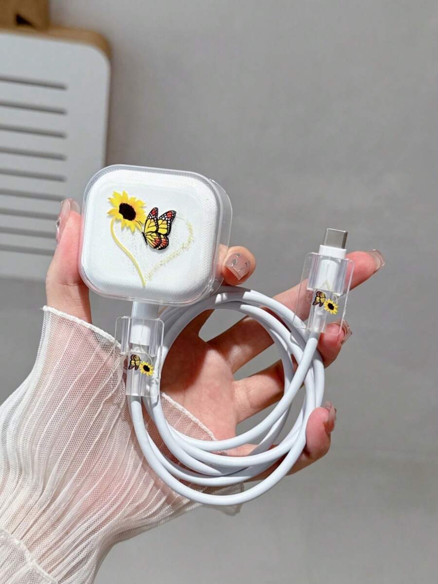 3 件套数据线充电器保护壳，TPU 软壳，带 UC 彩色蝴蝶、向日葵、心形图案，适合返校使用，英国插头 20W 快速充电器兼容 Apple 设备 Nan 数据线保护器充电器配件手机配件