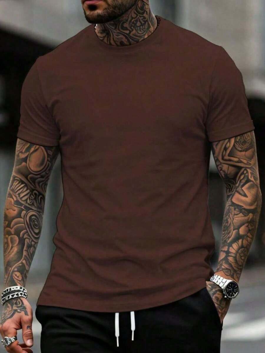 Men's Plain T-Shirt Basic Round Neck Shirt 100% Cotton Knit Blouse - Rust Brown - View 1
