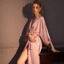 Women's Jacquard Nightgown Women's Spring And Autumn Long Bathrobe Bath Skirt Ice Silk High-Grade Satin Home Clothes Single Robe Can Be Worn Outside - 粉色 - 查看 4