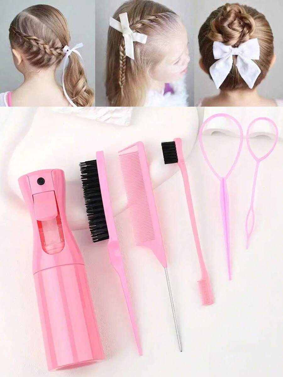 6 piezas Set de herramientas para peinado de niñas, que incluye kit de peine y botella rociadora - Adecuado para todo tipo de cabello y peinado diario, Set portátil de peinado familiar - Multicolor - Ver 1