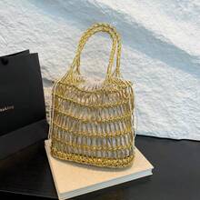 1 件时尚金色和银色镂空编织手提包，新设计手提单肩包，适合海滩度假的多功能手提包 - 銀色 - 查看 16