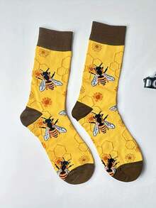 蜜蜂印花男士中筒袜 蜂窝与花卉图案休闲中筒袜 - 彩色 - 查看 1